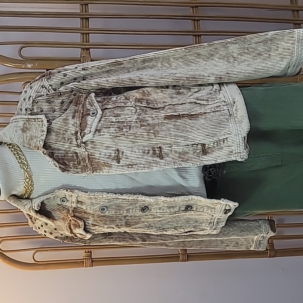 POL Acid Wash Corduroy Studded Jacket Tan Cream Frayed Boho Grunge HFJ11 Large - Picture 2 of 16